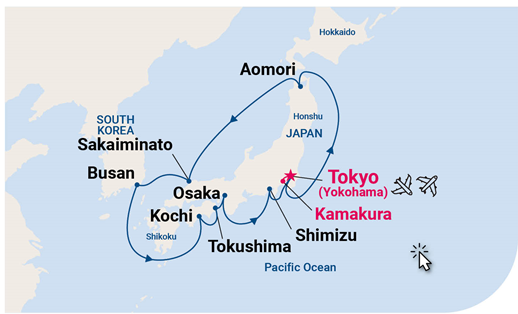 Mapa del itinerario del crucero por Japón y Corea del Sur